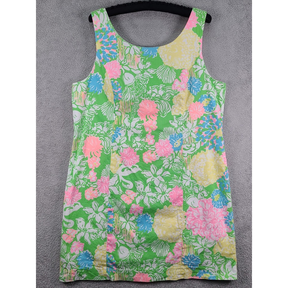 Lilly Pulitzer Green Floral Shell Print Cotton Shift Dress Size 16 Sleeveless